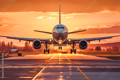 Passenger aircraft landing at airport with sunset in the background. Generative AI