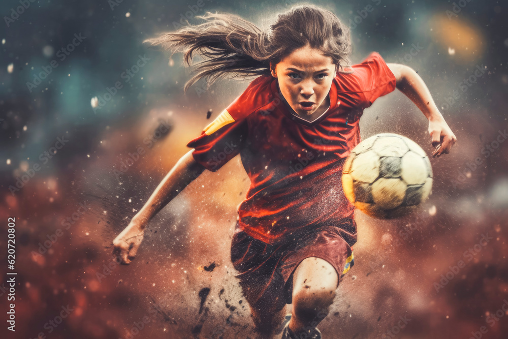 Athlete girl playing soccer with dramatic effect in the background. Generative AI