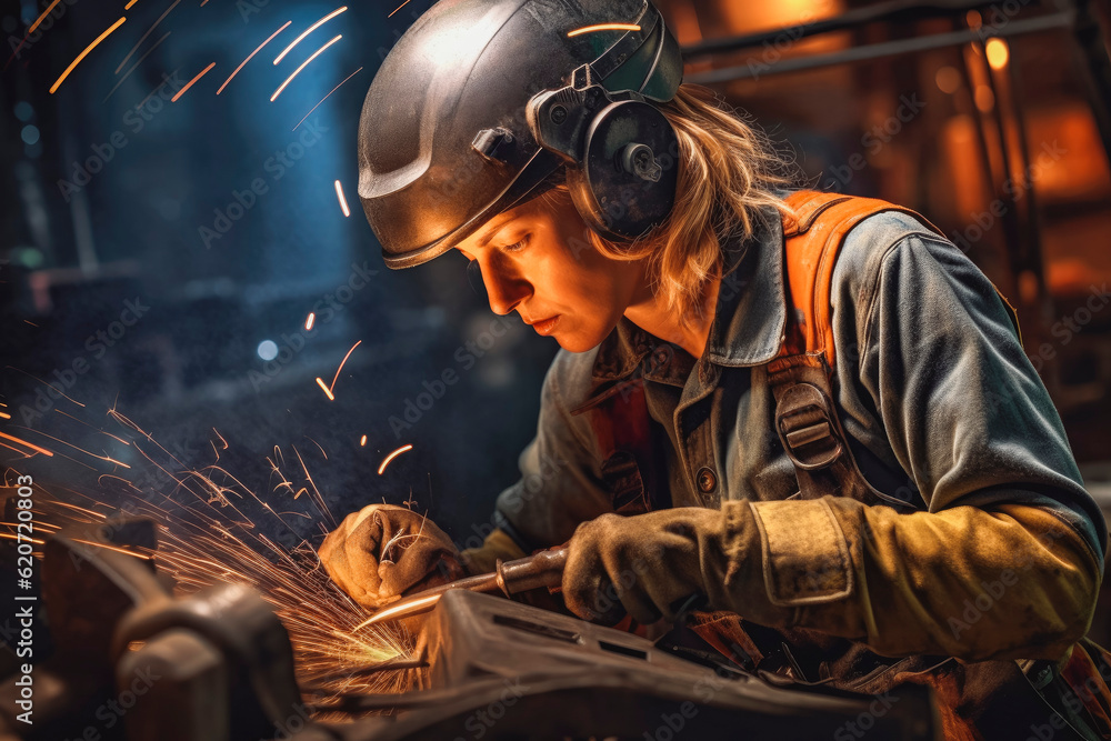 A woman working as an industrial welder, focus on work, wearing safety gear. Generative AI