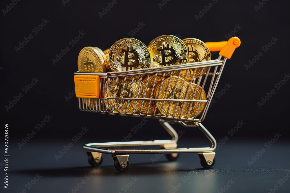 Bit coins in mini supermarket shopping cart on isolated background. Generative AI