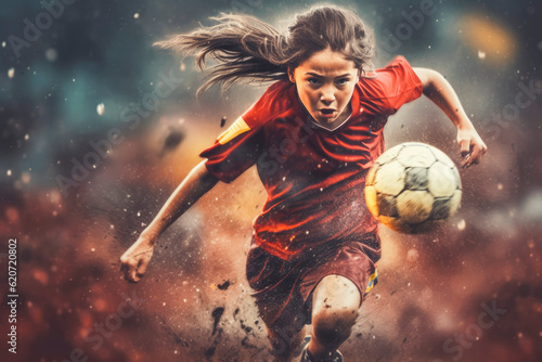 Athlete girl playing soccer with dramatic effect in the background. Generative AI © VisualProduction