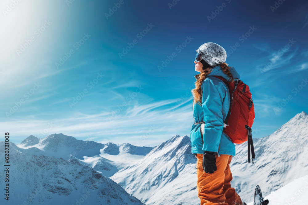 Young active woman back country ski walking in the mountains surrounded by winter idyllic and blue sky. Generative AI