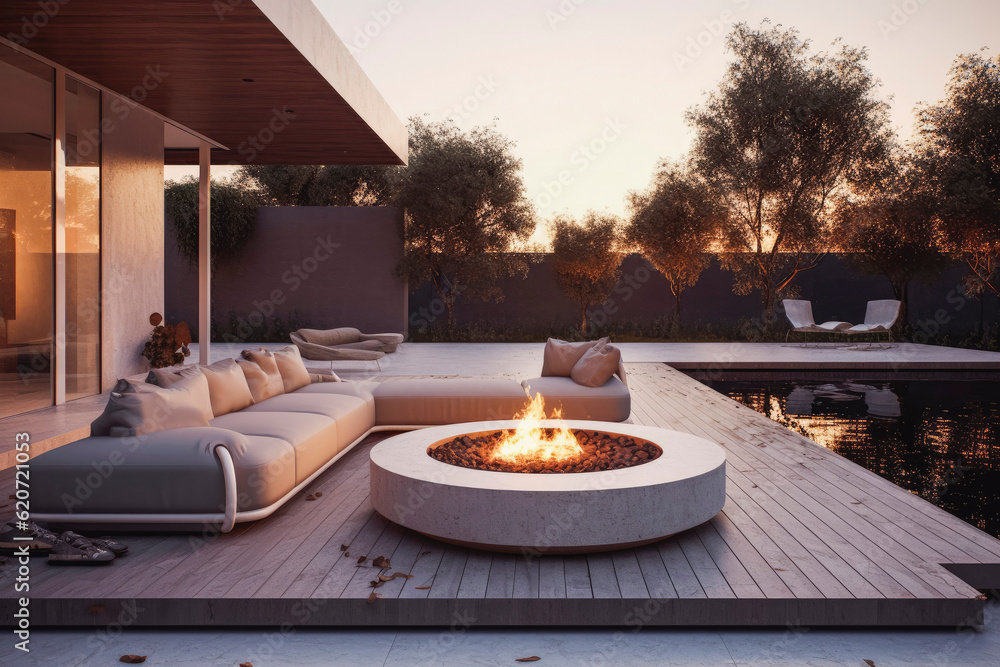 Stylish outdoor living space terrace with large fire pit and cozy chairs surrounded by nature. Generative AI
