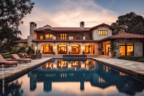 Stunning luxury home exterior with large fire pit. Generative AI © VisualProduction