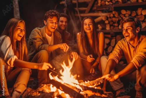 Group of young friends smiling and having fun by the fire pit outside, hanging out. Generative AI