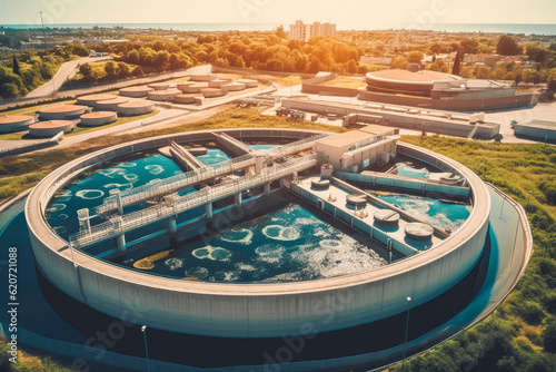 Modern urban waste water treatment plant, process of water purification. Generative AI