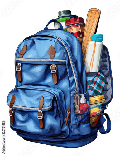 Turquoise backpack with different school stationery on transparent background, ddigital painting photo