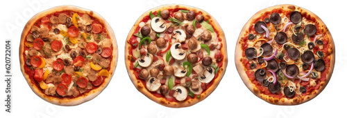 set of pizzas isolated on transparent background. Top view