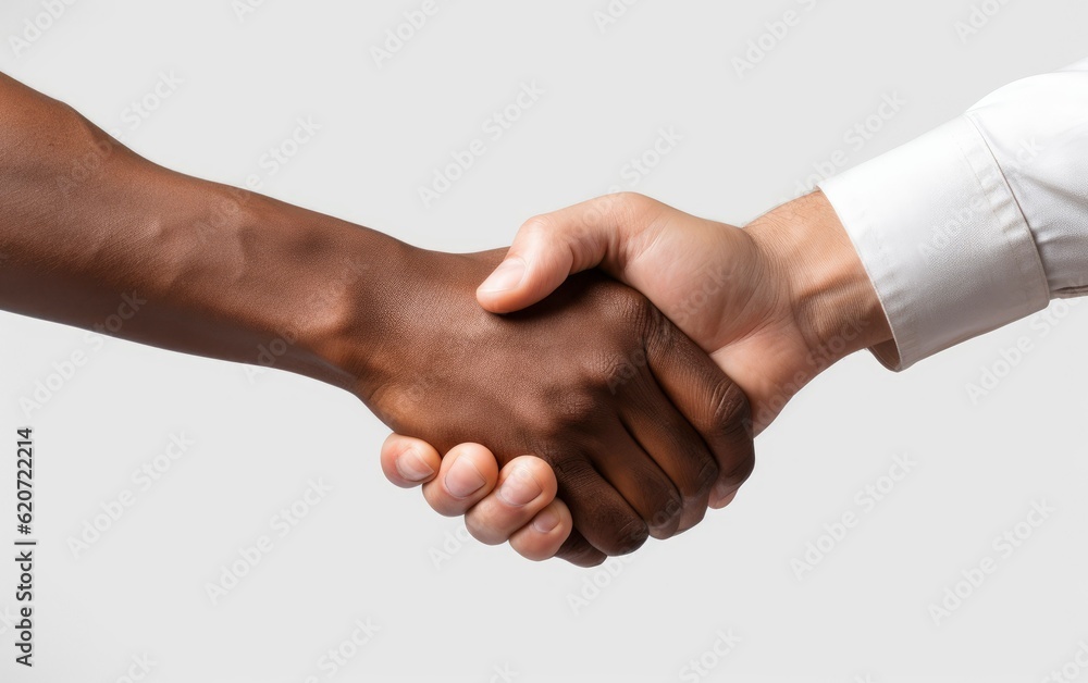 Two hands black and white handshake, symbol of friendship, brotherhood, help, cooperation, white background Two hands black and white handshake, symbol of friendship, brotherhood, help, cooperation, white background