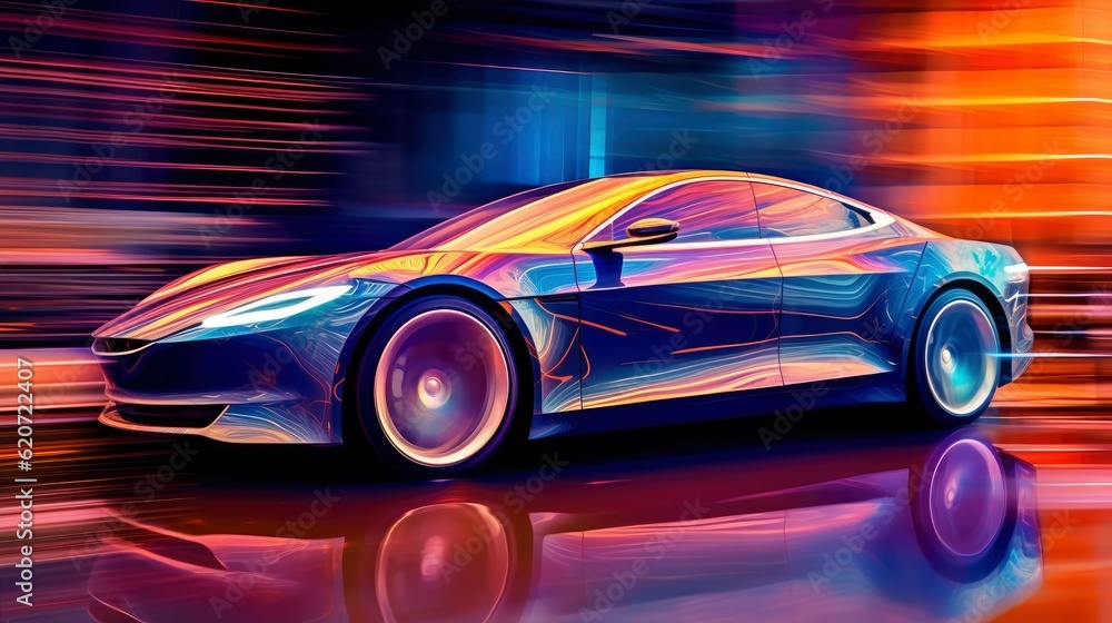 Futuristic car with wireframe intersection with digital user interface environment (3D Illustration)
