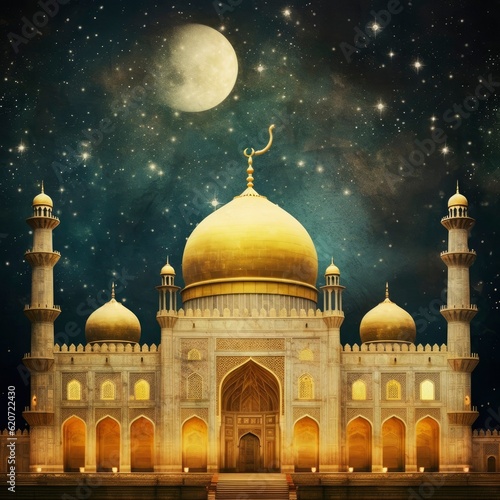 Vector illustrations of a moslem holiday, an evening night mosque with a crescent moon, Eid Mubarak and Ramadan. a festive table and a pattern for a greeting card, poster and background