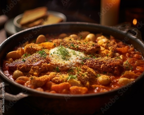 Cassoulet with a focus on the golden crispy crust and the colorful ingredients emerging from beneath