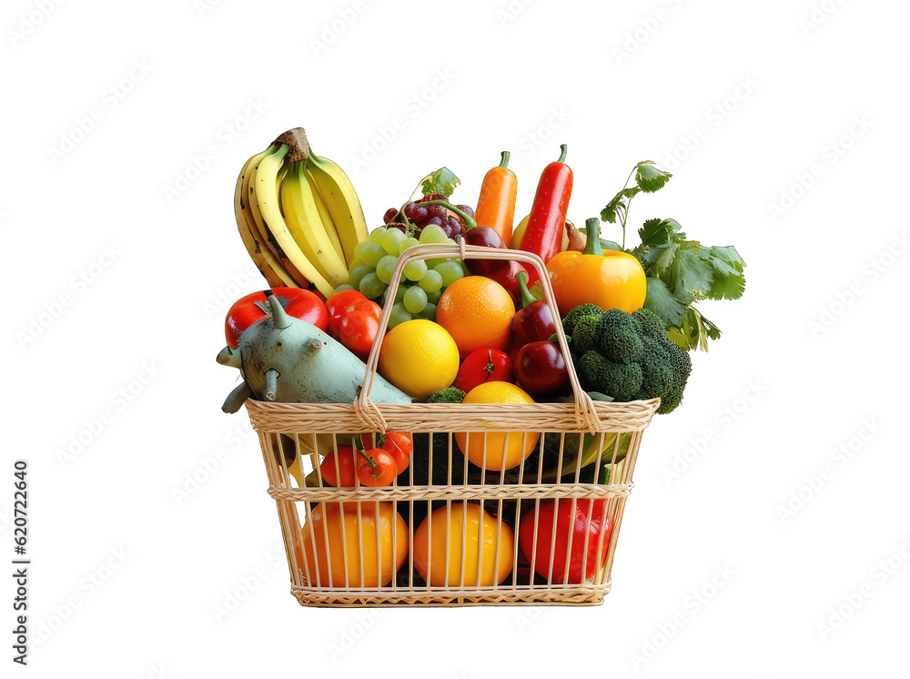 Basket and fresh fruits on transparent background