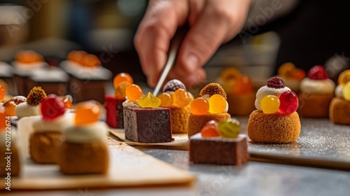Petit Fours in the process of being prepared in a bakery, with a pastry chef placing decorative elements