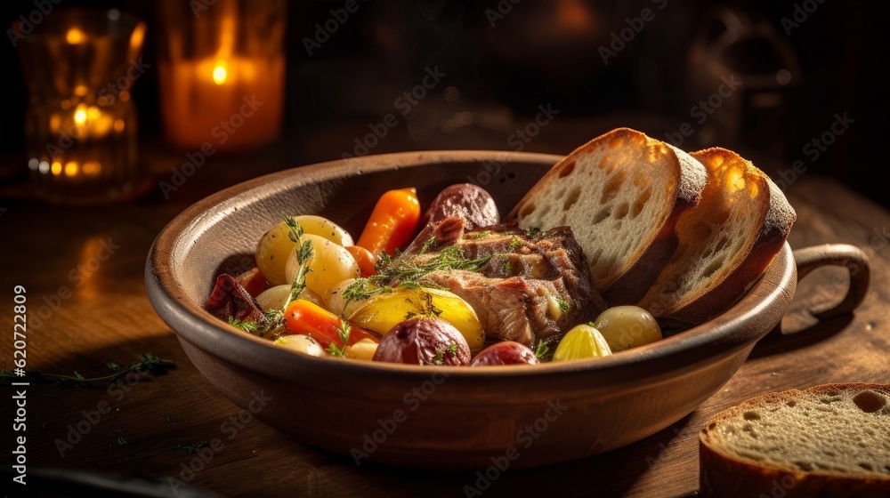 Pot-au-Feu served in a rustic bowl with a side of crusty bread