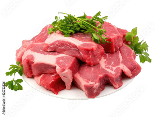 Fresh raw tasty meat steak cow fly vegetables health food, isolated on transparent background