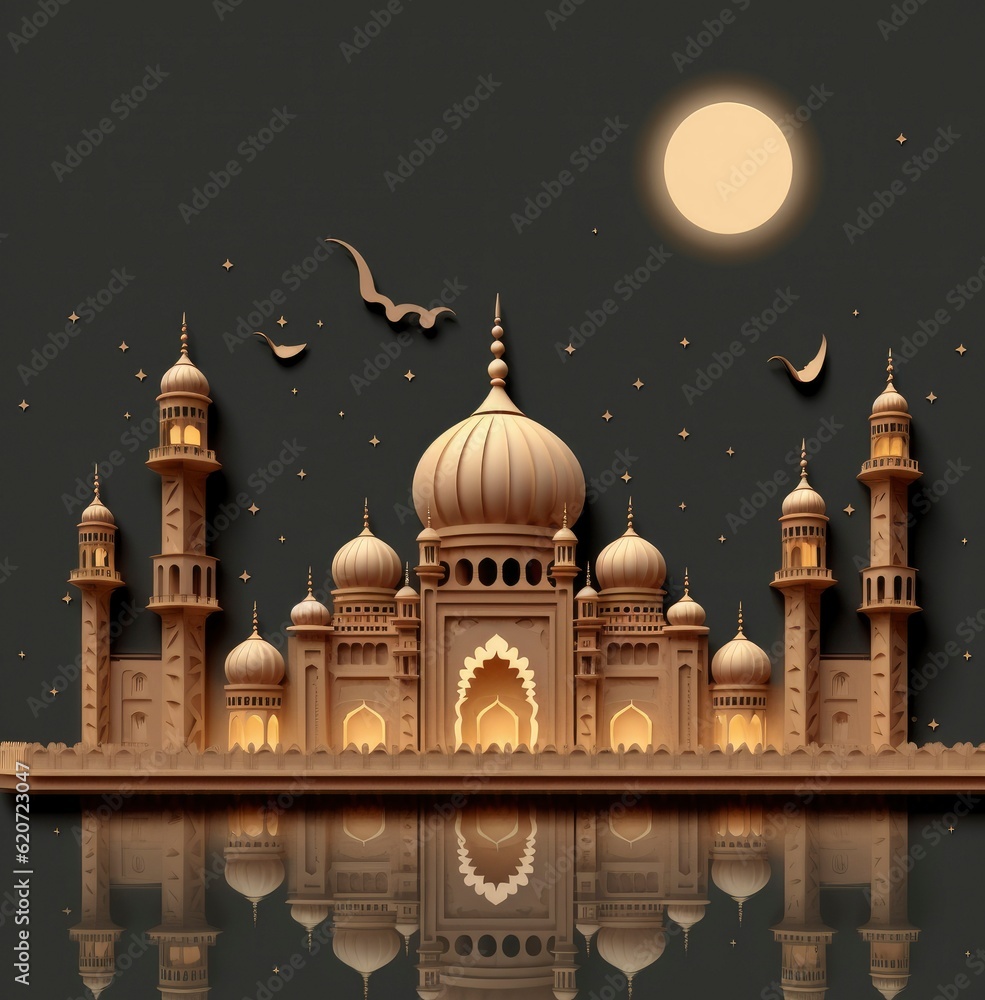 Vector illustrations of a moslem holiday, an evening night mosque with a crescent moon, Eid Mubarak and Ramadan. a festive table and a pattern for a greeting card, poster and background
