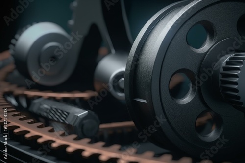 Close-up of motor, pulley, and belt for torque transmission. 3D render. Generative AI