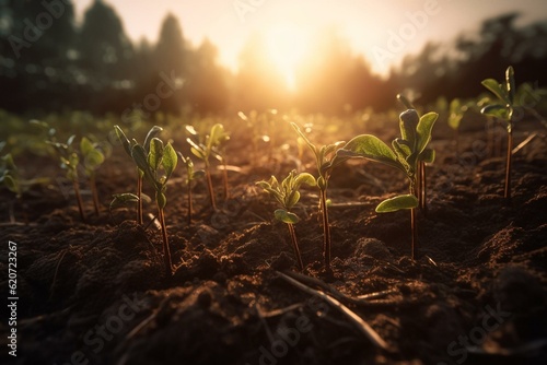 Seedlings in fertile soil under morning light  symbolizing ecology and balance. Generative AI
