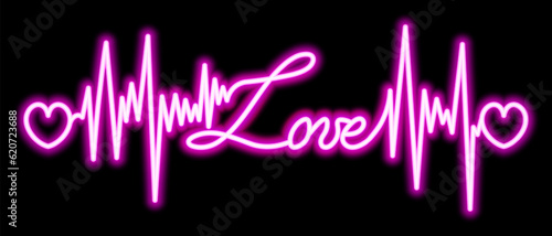 Love. The text is embellished with pulses and hearts. Pink neon glow. Color vector illustration. Broken zigzag line and romantic lettering in italics. Isolated black background. Idea for web design