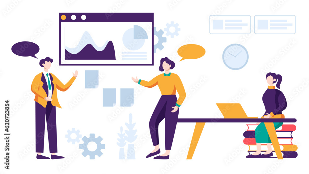 Business people are working together doing meeting, reporting data and brainstorming about marketing strategy in office on white background vector illustration concept in flat design style