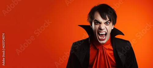 Young Man Dressed as a Vampire for Halloween on a Red Banner with Space for Copy photo