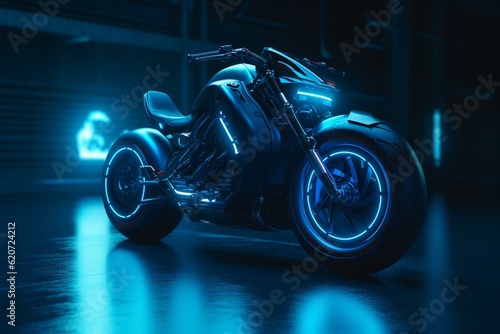 Futuristic blue-lit motorbike, surrealistic black with glowing rims, sci-fi tech, digital art. Generative AI