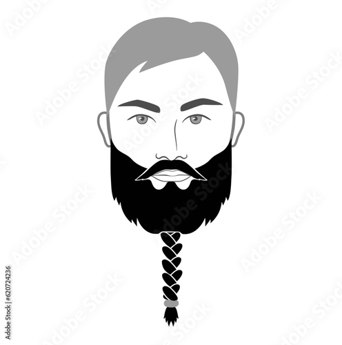 Viking Beard men braided or styled with beads, in face illustration Facial hair mustache. Vector grey black portrait male Fashion template flat barber. Stylish hairstyle isolated outline on white