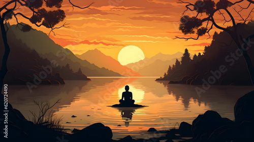 Sunset Meditation on the Shore: Unwinding in Nature's Gentle Embrace, AI Generative