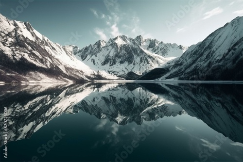 Alaskan mountains with snow reflected on lake. Generative AI