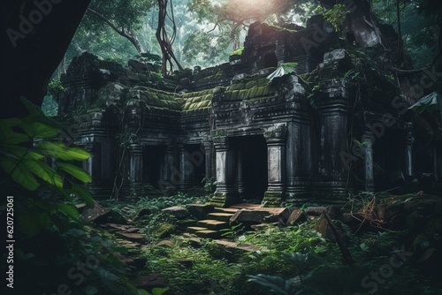 Mystical ancient ruins in a jungle overgrowth. Exotic light and wetness with antique architecture. Generative AI