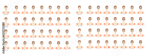Set of types of glasses for Women eight type faces fashion accessory illustration. Sunglass front view unisex silhouette style, flat rim spectacles eyeglasses, lens sketch style outline isolated