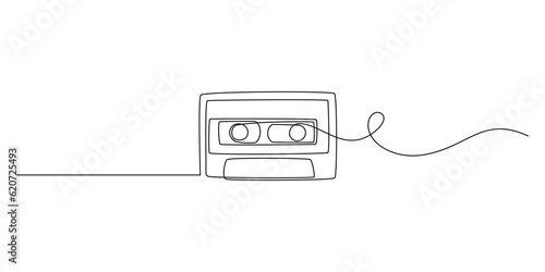 One continuous line drawing of audio cassette tape. Minimalist concept of retro and nostalgic music and mixtape for web banner in simple linear style. Editable stroke. Outline Vector illustration
