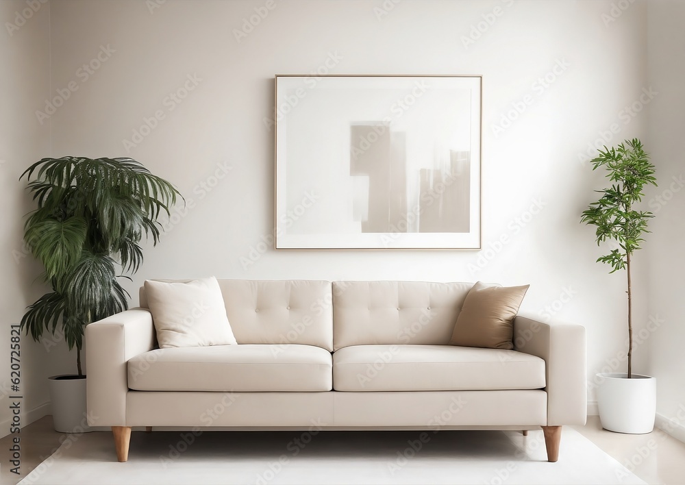 Fototapeta premium Modern minimalist simple living room with sofa and wall art, generative AI