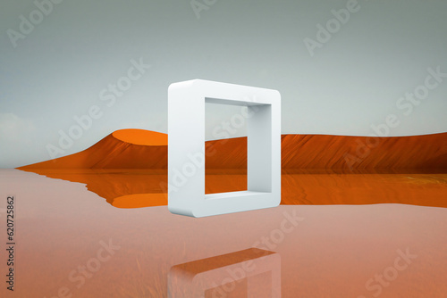 Surreal landscape with a square floating in the desert photo