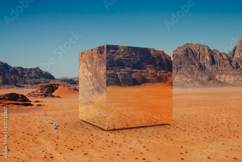Surreal landscape with a metal cube in the desert photo
