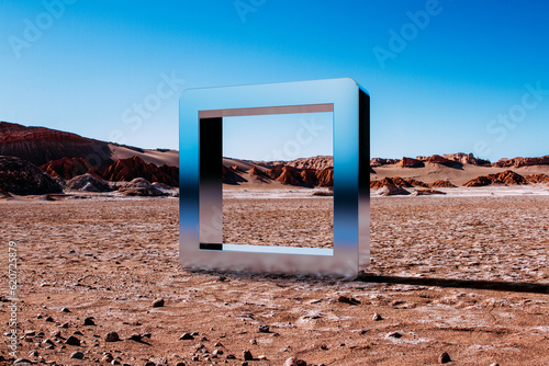 Surreal landscape with a metal square in the desert photo