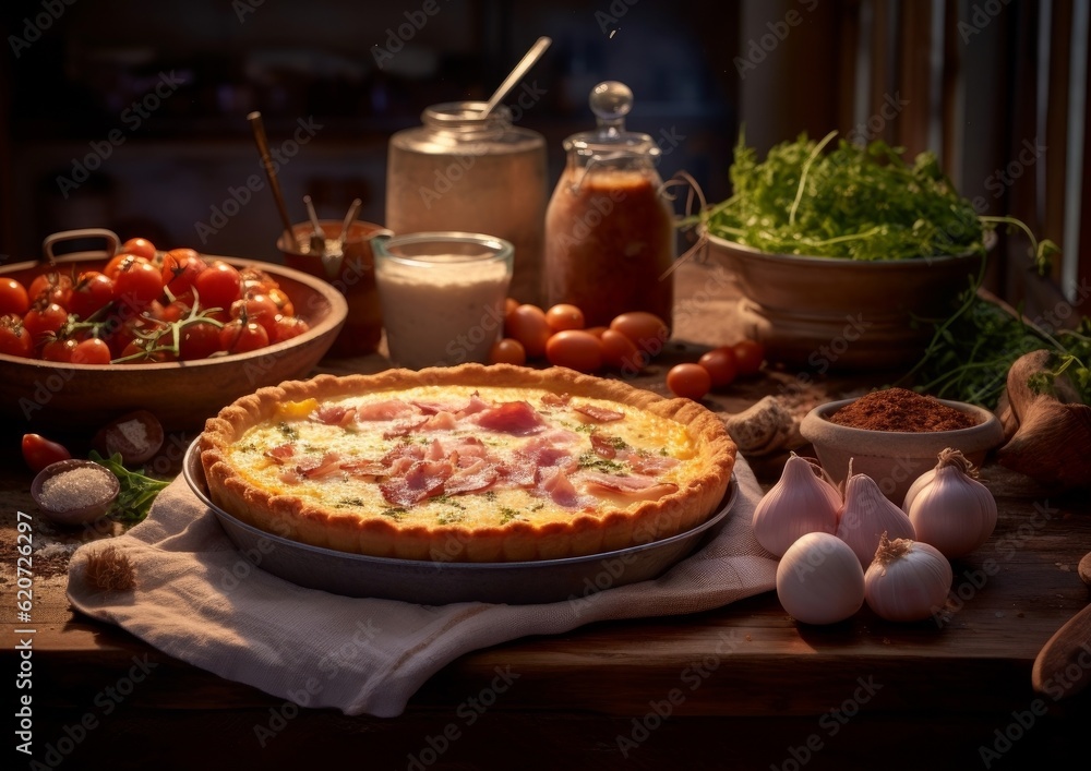 Quiche Lorraine on a wooden table with utensils and ingredients scattered around