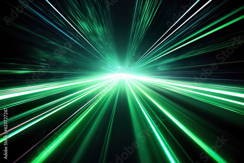 Abstract futuristic background high speed straight green lines to the center and bokeh glowing neon moving. High speed futuristic travel concept. Fantastic wallpaper.