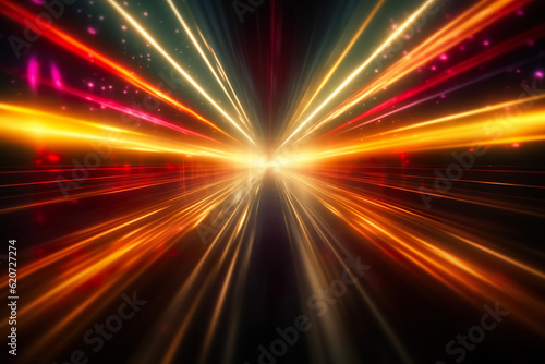 Abstract futuristic background high speed straight yellow red lines to the center and bokeh glowing neon moving. High speed futuristic travel concept. Fantastic wallpaper.
