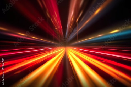 Abstract futuristic background high speed straight yellow red lines to the center and bokeh glowing neon moving. High speed futuristic travel concept. Fantastic wallpaper.