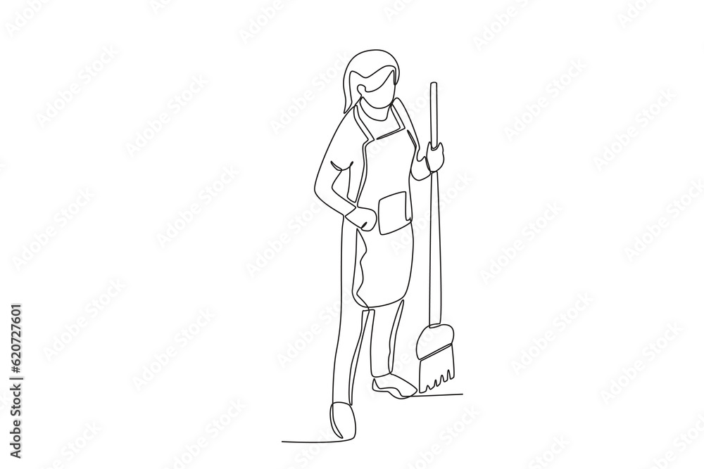 A female janitor mopping the floor. Cleaning service one-line drawing