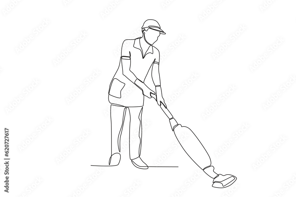 A man cleans dust on the floor. Cleaning service one-line drawing A man cleans dust on the floor. Cleaning service one-line drawing