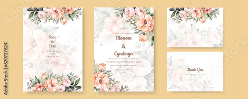 Elegant watercolor wedding invitation card with flower and leaves