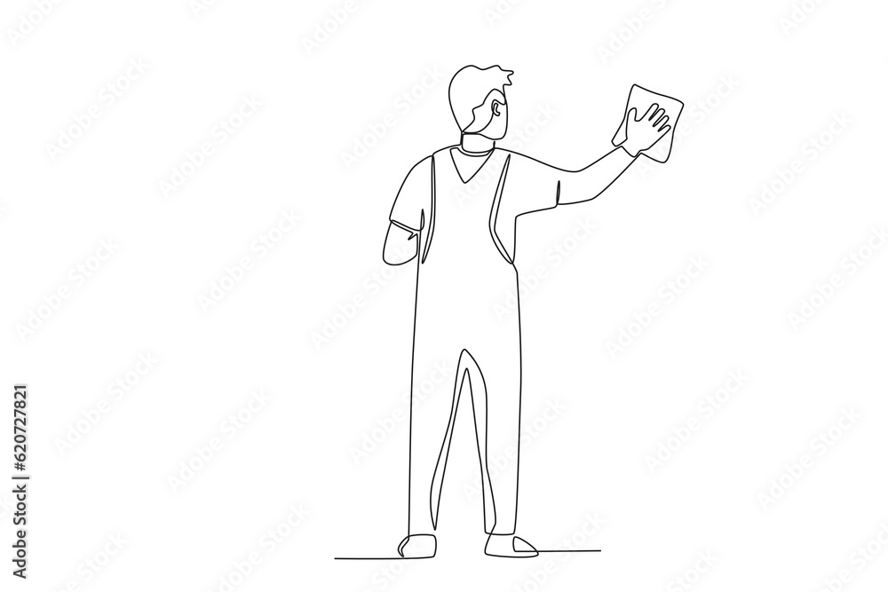 Back view of a man wiping the floor. Cleaning service one-line drawing Back view of a man wiping the floor. Cleaning service one-line drawing