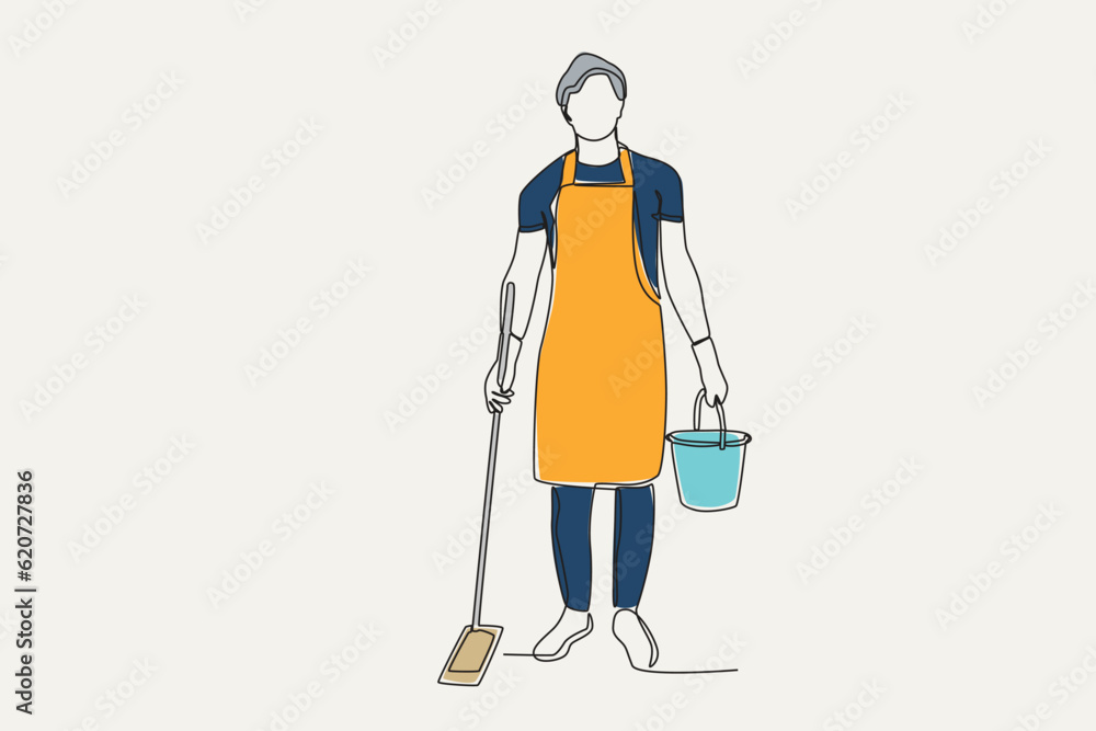 Color illustration of a man holding a cleaning tool. Cleaning service one-line drawing Color illustration of a man holding a cleaning tool. Cleaning service one-line drawing