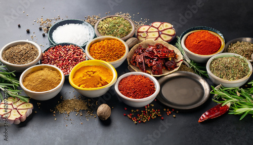 Colorful collection spices and herbs on background black table. Mediterranean condiments for decorating packing with food. © Uuganbayar