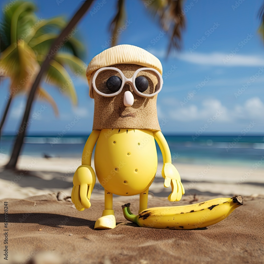 A figure yellow in color like a banana, with longer arms and legs. Big glasses and a beret. A positive image. Located on the beach. Palm trees and the sea can be seen in the background. Banana in sand