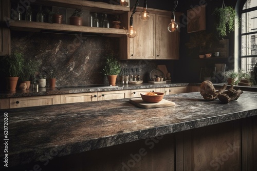 Rustic kitchen stone with quartz counter on slab surface. Generative AI
