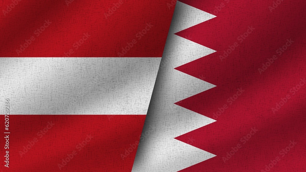 Bahrain and Austria Realistic Two Flags Together, 3D Illustration